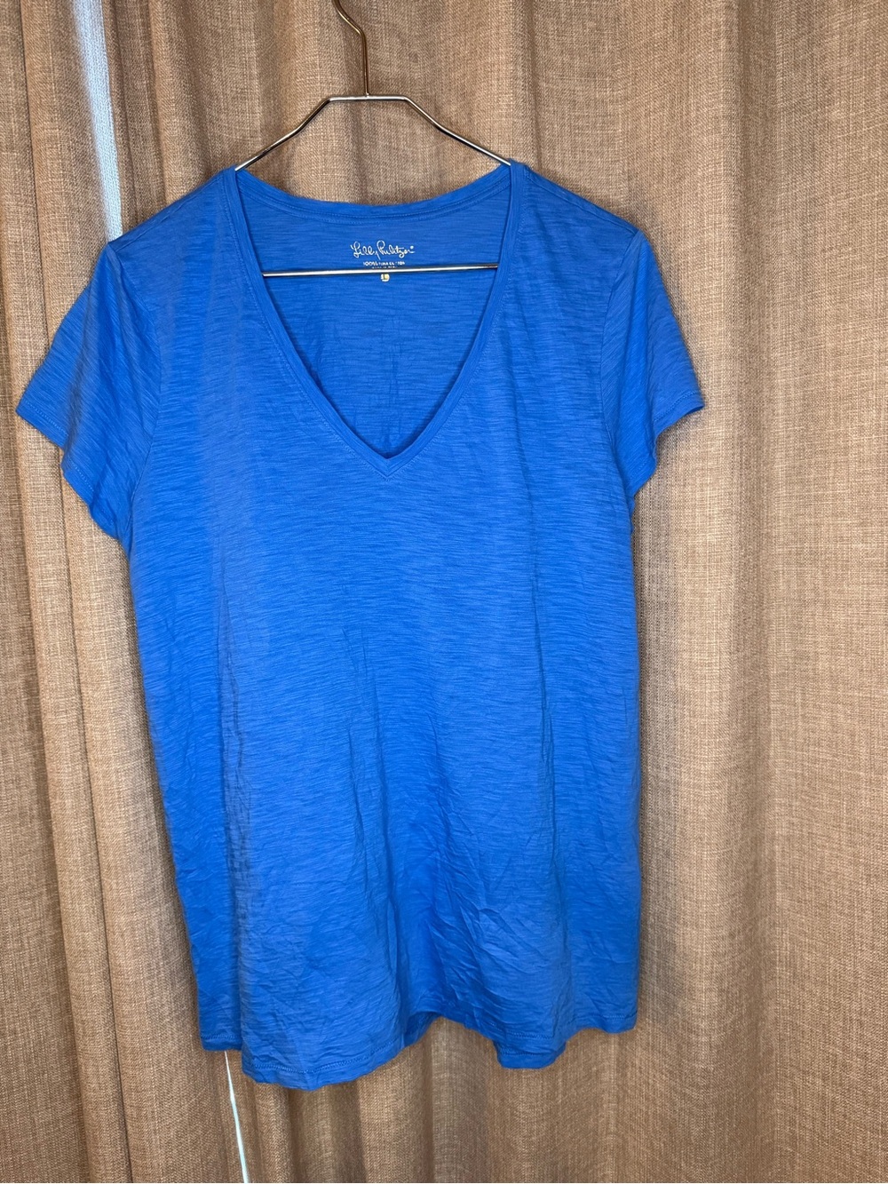 Lilly Pulitzer Blue Etta Pima Cotton V-Neck Palm Tree Logo Tee L - Picture 3 of 6